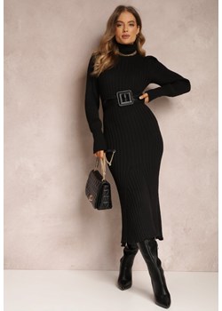 Czarna Sukienka Dzianinowa z Golfem i Szerokim Paskiem Tehy ze sklepu Renee odzież w kategorii Sukienki - zdjęcie 157080460