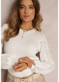 Biały Sweter z Bufiastym Ażurowym Rękawem Fenavy ze sklepu Renee odzież w kategorii Swetry damskie - zdjęcie 157080504