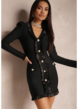 Czarna Sukienka Dopasowana z Guzikami i Satynowymi Falbankami Mola ze sklepu Renee odzież w kategorii Sukienki - zdjęcie 157080522