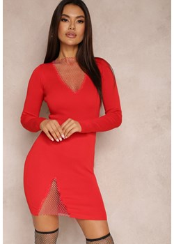 Czerwona Sukienka z Siateczką i Cyrkoniami przy Dekolcie i na Dole Louma ze sklepu Renee odzież w kategorii Sukienki - zdjęcie 157080814