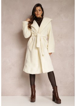 Biały Futrzany Płaszcz Wiązany w Pasie Vimegi ze sklepu Renee odzież w kategorii Płaszcze damskie - zdjęcie 157081062