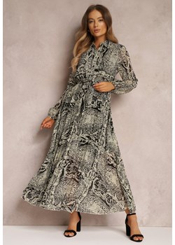 Beżowo-Czarna Sukienka Rozkloszowana z Wiązanym Paskiem Blerore ze sklepu Renee odzież w kategorii Sukienki - zdjęcie 157081380