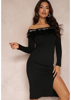 Czarna Sukienka Dzianinowa z Piórami Thanula ze sklepu Renee odzież w kategorii Sukienki - zdjęcie 157081600