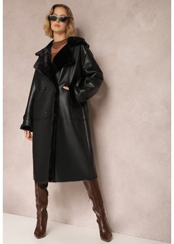 Czarny Dwurzędowy Płaszcz Oversize z Imitacji Skóry i Futerkiem Vess ze sklepu Renee odzież w kategorii Płaszcze damskie - zdjęcie 157081672