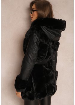 Czarna Kurtka z Kapturem z Imitacji Skóry i Futerka Cesse ze sklepu Renee odzież w kategorii Kurtki damskie - zdjęcie 157082130
