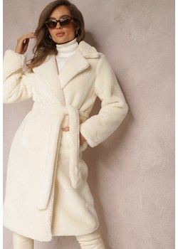 Biały Płaszcz Futrzany z Wiązanym Paskiem Nasava ze sklepu Renee odzież w kategorii Futra damskie - zdjęcie 157082153