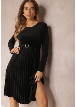 Czarna Plisowana Sukienka Welurowa z Paskiem Laceri ze sklepu Renee odzież w kategorii Sukienki - zdjęcie 157082500