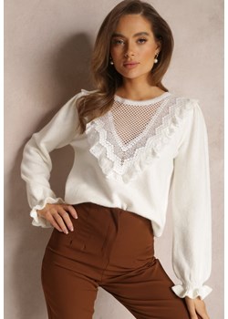 Biały Sweter z Falbankami i Ażurową Koronką Vegu ze sklepu Renee odzież w kategorii Swetry damskie - zdjęcie 157082904