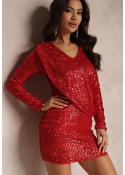 Czerwona Dopasowana Sukienka z Cekinami i Gumką w Pasie Badi ze sklepu Renee odzież w kategorii Sukienki - zdjęcie 157083202