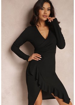 Czarna Dopasowana Sukienka z Falbanką i Kopertowym Dekoltem Kosi ze sklepu Renee odzież w kategorii Sukienki - zdjęcie 157083322