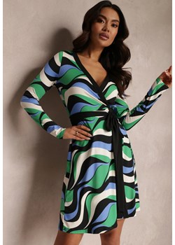 Zielona Sukienka Wzorzysta i Kopertowa z Wiązanym Paskiem Athora ze sklepu Renee odzież w kategorii Sukienki - zdjęcie 157083491