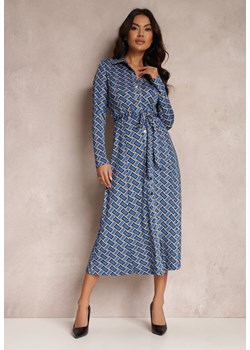 Niebieska Sukienka Midi z Kołnierzem i Paskiem Ontone ze sklepu Renee odzież w kategorii Sukienki - zdjęcie 157083524
