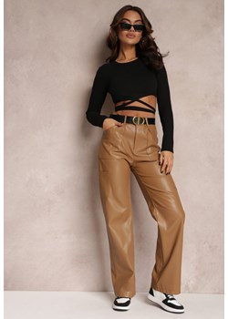 Beżowe Spodnie z Imitacji Skóry Szerokie Narash ze sklepu Renee odzież w kategorii Spodnie damskie - zdjęcie 157083731
