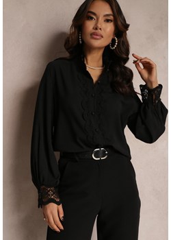 Czarna Koszula z Ażurową Stójką i Bufiastym Rękawem Nito ze sklepu Renee odzież w kategorii Koszule damskie - zdjęcie 157083734