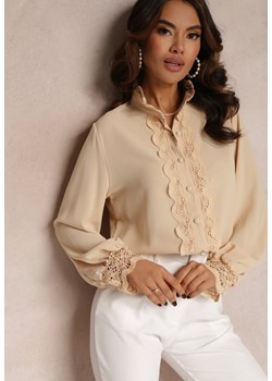 Beżowa Koszula z Ażurową Stójką i Bufiastym Rękawem Nito ze sklepu Renee odzież w kategorii Koszule damskie - zdjęcie 157083741