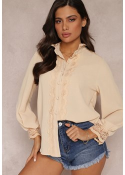 Beżowa Koszula z Ażurową Stójką i Bufiastym Rękawem Nito ze sklepu Renee odzież w kategorii Koszule damskie - zdjęcie 157083743