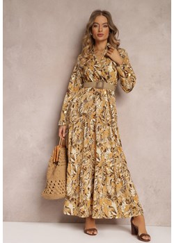Jasnobeżowa Sukienka Maxi z Kołnierzykiem i Plecionym Paskiem Pertitus ze sklepu Renee odzież w kategorii Sukienki - zdjęcie 157084002