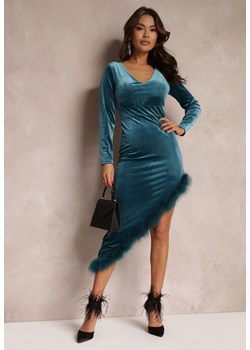 Ciemnozielona Dopasowana Sukienka Midi z Ozdobnymi Piórami Battseh ze sklepu Renee odzież w kategorii Sukienki - zdjęcie 157084120