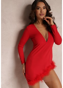 Czerwona Asymetryczna Sukienka Mini z Piórkami i Siatką Trerji ze sklepu Renee odzież w kategorii Sukienki - zdjęcie 157084130