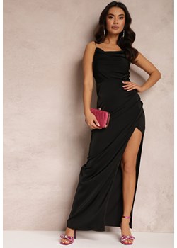 Czarna Satynowa Sukienka z Marszczeniem i Rozcięciem na Dole Zhemah ze sklepu Renee odzież w kategorii Sukienki - zdjęcie 157084140