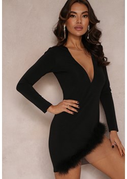 Czarna Asymetryczna Sukienka Mini z Piórkami i Siatką Trerji ze sklepu Renee odzież w kategorii Sukienki - zdjęcie 157084220
