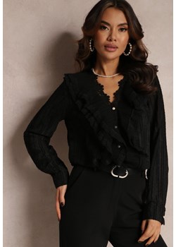 Czarna Koszula z Koronką Falbankami i Perłowymi Guzikami Wildberg ze sklepu Renee odzież w kategorii Koszule damskie - zdjęcie 157084282
