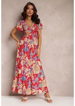 Czerwona Sukienka z Szeroką Gumką w Talii w Kwiaty Shathi ze sklepu Renee odzież w kategorii Sukienki - zdjęcie 157084530