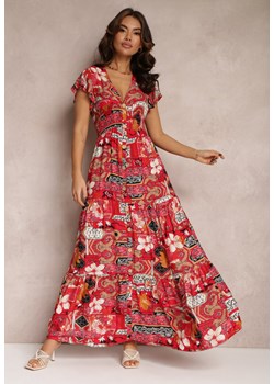 Czerwona Sukienka z Wiskozy Maxi z Gumką w Pasie Weha ze sklepu Renee odzież w kategorii Sukienki - zdjęcie 157084552