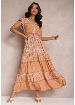 Pomarańczowo-Beżowa Sukienka z Wiskozy z Gumką i Sznurkiem w Pasie Anash ze sklepu Renee odzież w kategorii Sukienki - zdjęcie 157084600