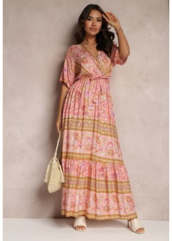 Różowa Kopertowa Sukienka z Wiskozy z Falbanką i Gumką w Talii Vuai ze sklepu Renee odzież w kategorii Sukienki - zdjęcie 157084670