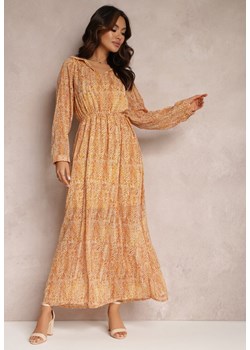 Pomarańczowo-Żółta Rozkloszowana Sukienka z Metaliczną Nitką i Sznurkiem Vivlit ze sklepu Renee odzież w kategorii Sukienki - zdjęcie 157084740