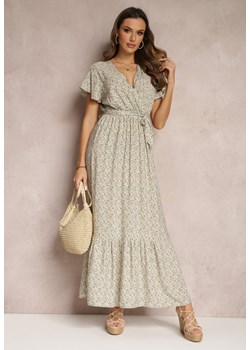 Jasnozielona Rozkloszowana Sukienka z Wiskozy z Gumką w Talii Heis ze sklepu Renee odzież w kategorii Sukienki - zdjęcie 157084800