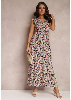 Czarno-Różowa Kopertowa Sukienka Maxi z Gumką w Pasie i Falbaną Ammero ze sklepu Renee odzież w kategorii Sukienki - zdjęcie 157084830