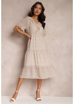 Beżowa Rozkloszowana Sukienka z Gumką w Pasie Manli ze sklepu Renee odzież w kategorii Sukienki - zdjęcie 157084880