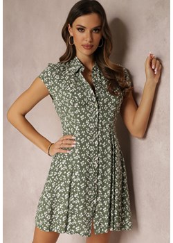 Zielona Sukienka Mini w Kwiatki z Kołnierzykiem Hollin ze sklepu Renee odzież w kategorii Sukienki - zdjęcie 157085110