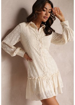 Jasnobeżowa Koronkowa Sukienka Koszulowa z Falbanką Saniah ze sklepu Renee odzież w kategorii Sukienki - zdjęcie 157085261