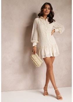 Jasnobeżowa Koronkowa Sukienka Koszulowa z Falbanką Saniah ze sklepu Renee odzież w kategorii Sukienki - zdjęcie 157085262