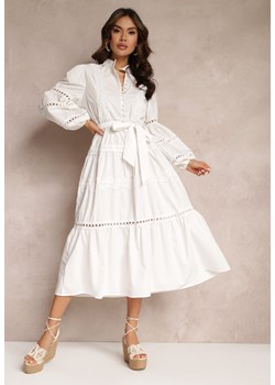 Biała Sukienka Midi z Guzikami i Koronkami Feralo ze sklepu Renee odzież w kategorii Sukienki - zdjęcie 157085331