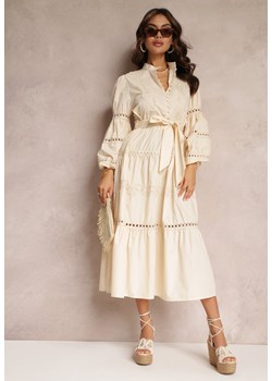 Beżowa Sukienka Midi z Guzikami i Koronkami Feralo ze sklepu Renee odzież w kategorii Sukienki - zdjęcie 157085342