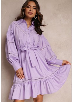 Fioletowa Koszulowa Sukienka z Perłowymi Guzikami i Koronkowymi Wstawkami Shyanne ze sklepu Renee odzież w kategorii Sukienki - zdjęcie 157085351