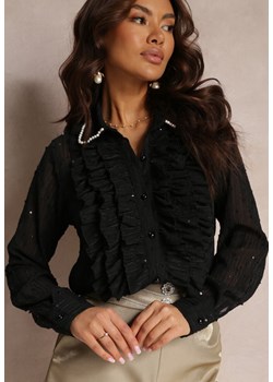 Czarna Koszula z Ozdobnym Kołnierzem i Falbanami Chet ze sklepu Renee odzież w kategorii Koszule damskie - zdjęcie 157085371