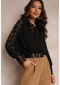 Czarna Ażurowa Koszula z Bufiastym Rękawem i Perłowymi Guzikami Ingebo ze sklepu Renee odzież w kategorii Koszule damskie - zdjęcie 157085390