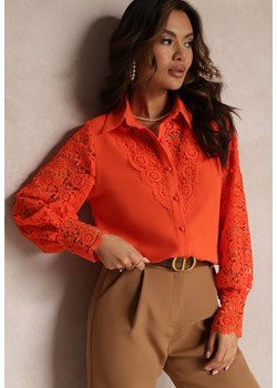 Pomarańczowa Ażurowa Koszula z Bufiastym Rękawem i Perłowymi Guzikami Ingebo ze sklepu Renee odzież w kategorii Koszule damskie - zdjęcie 157085400