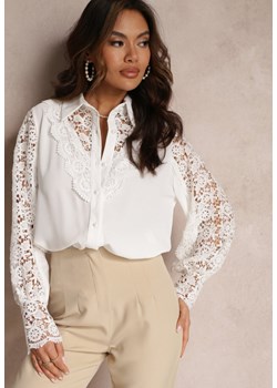 Biała Ażurowa Koszula z Bufiastym Rękawem i Perłowymi Guzikami Ingebo ze sklepu Renee odzież w kategorii Koszule damskie - zdjęcie 157085410
