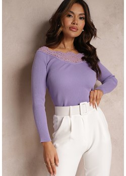 Fioletowy Prążkowany Sweter z Koronkowym Dekoltem Maneteu ze sklepu Renee odzież w kategorii Swetry damskie - zdjęcie 157085582