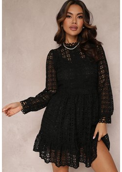 Czarna Taliowana Sukienka z Koronką i Falbaną na Dole Kamora ze sklepu Renee odzież w kategorii Sukienki - zdjęcie 157085751
