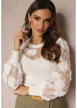 Biała Bluzka z Siateczką i Kwiatami Celeshe ze sklepu Renee odzież w kategorii Bluzki damskie - zdjęcie 157086574