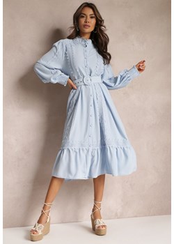 Niebieska Koszulowa Sukienka Midi z Koronką i Paskiem z Klamrą Tocotte ze sklepu Renee odzież w kategorii Sukienki - zdjęcie 157086670