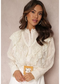 Jasnobeżowa Koszula z Błyszczącą Nitką i Haftowanymi Wstawkami Daizee ze sklepu Renee odzież w kategorii Koszule damskie - zdjęcie 157087082