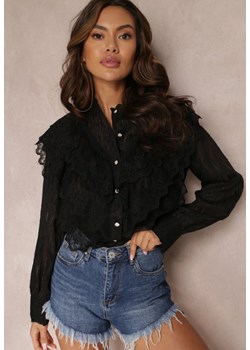 Czarna Koszula z Błyszczącą Nitką i Haftowanymi Wstawkami Daizee ze sklepu Renee odzież w kategorii Koszule damskie - zdjęcie 157087094